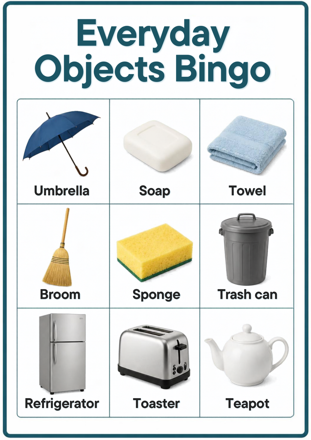 Everyday Objects Bingo — printable cognitive game page