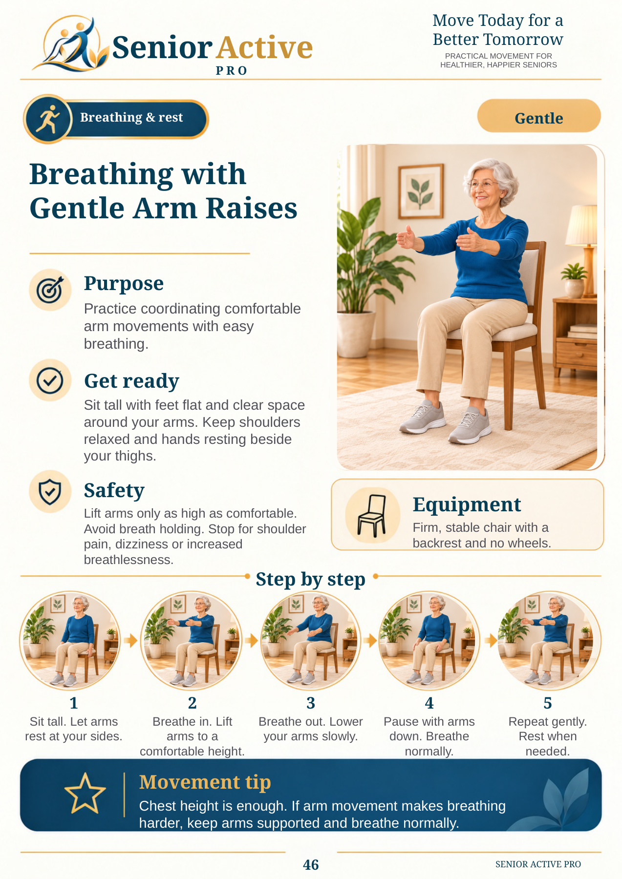 Breathing with Gentle Arm Raises — illustrated exercise page